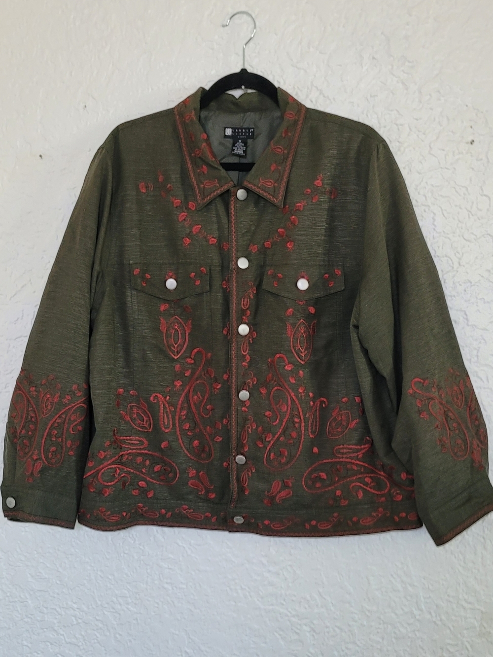 Carole Little Embroidered Olive Jacket with Red Paisley Detail